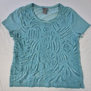 Chico’s Blue Textured Abstract Applique Scoop Neck Top Tee Blouse Size Large